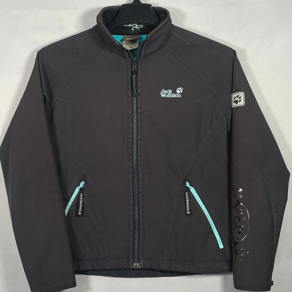 Jack Wolfskin Womens Softshell Jacket Med Charcoal‎ Grey Turquoise Fleece Lined